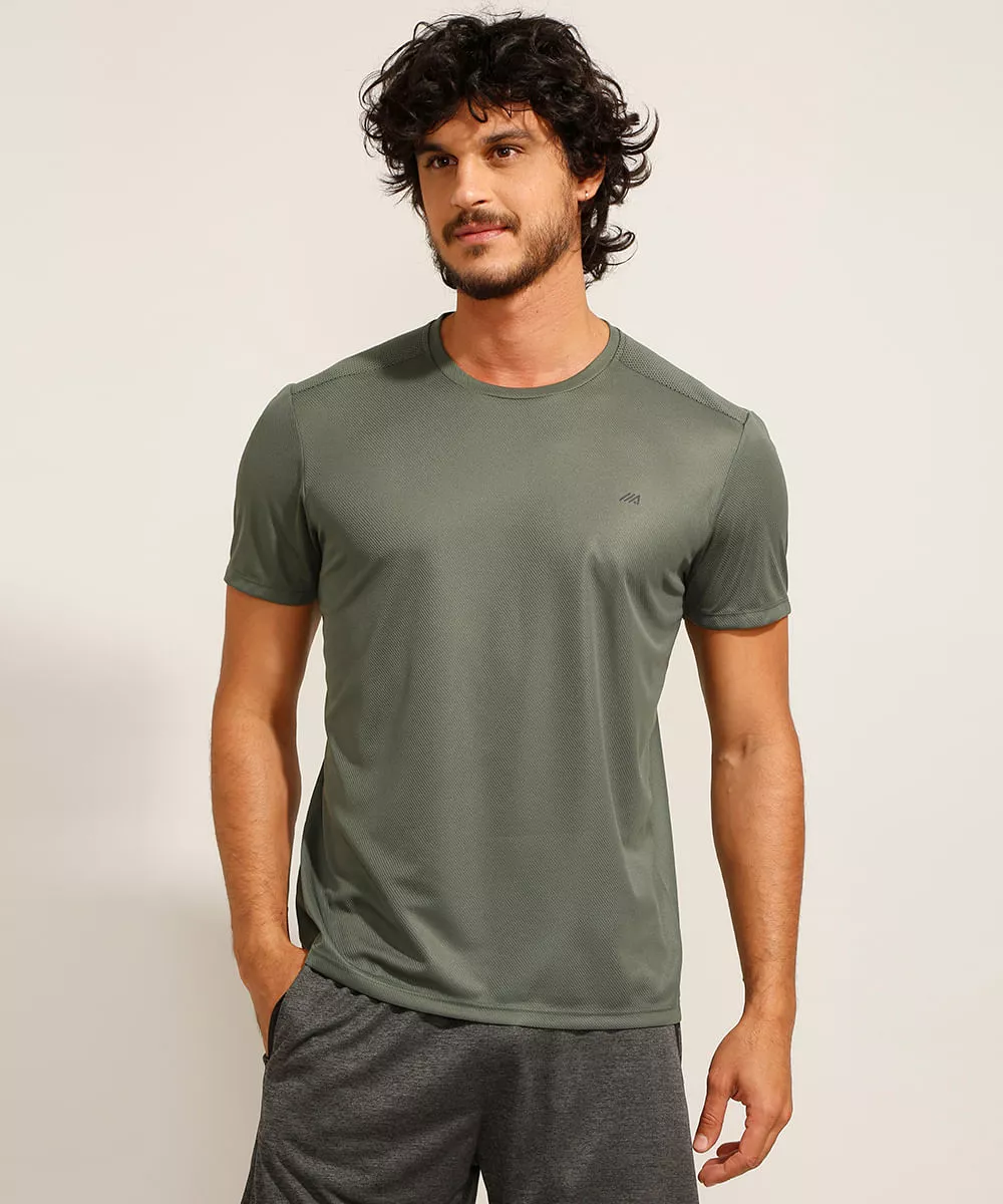 Camiseta Masculina Esportiva Ace com Recorte Neon Manga Curta Gola Careca Verde Militar