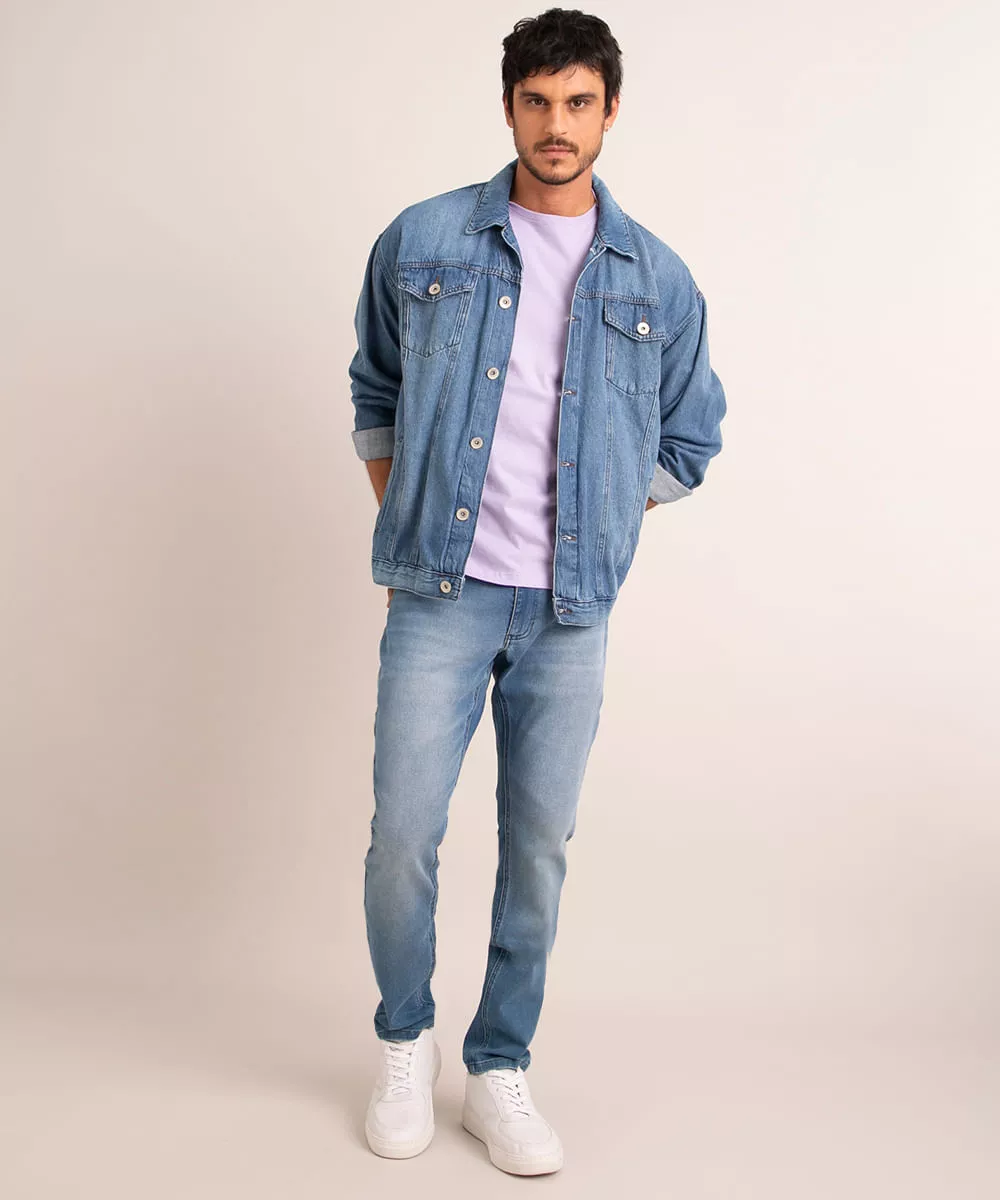 Calça Jeans de Moletom Masculina Slim Azul Médio