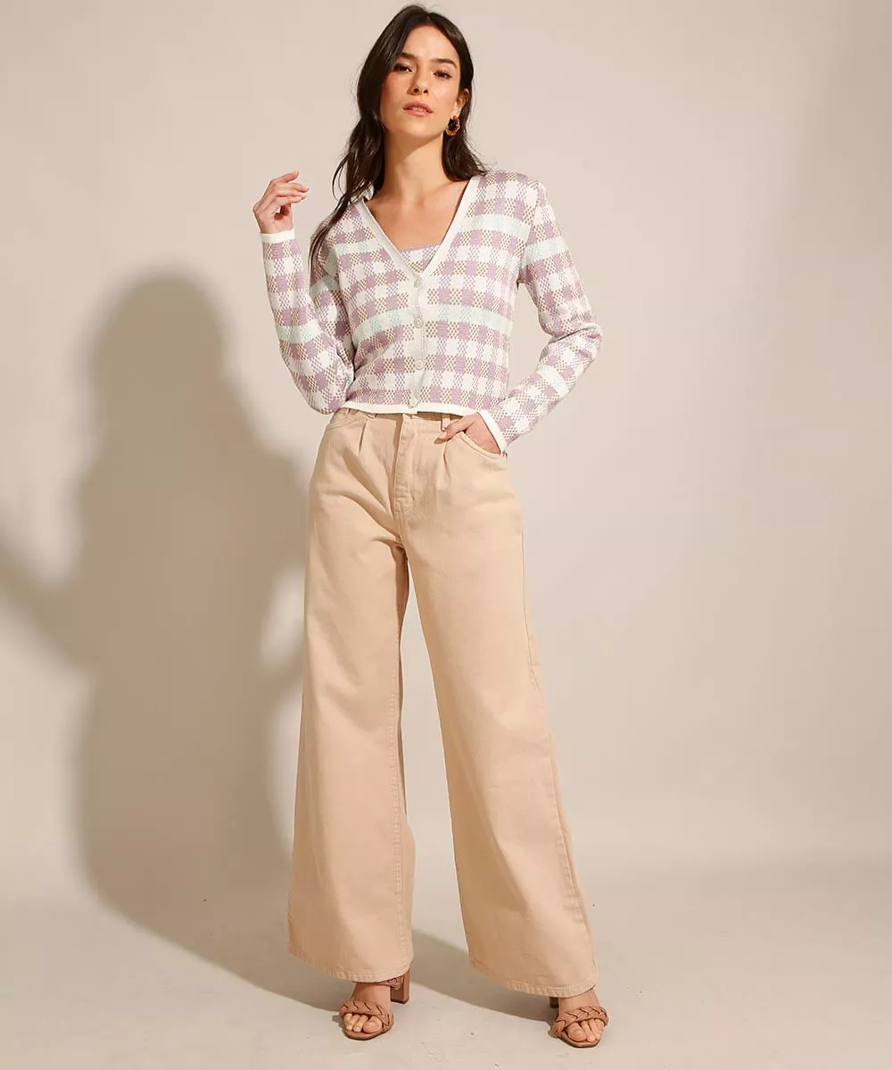 Calça Wide Pantalona de Sarja com Pregas Cintura Super Alta Kaki