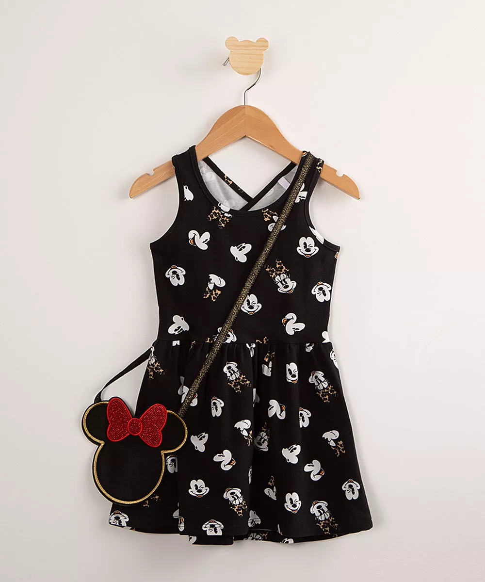 vestido infantil estampado minnie mouse + bolsa preto