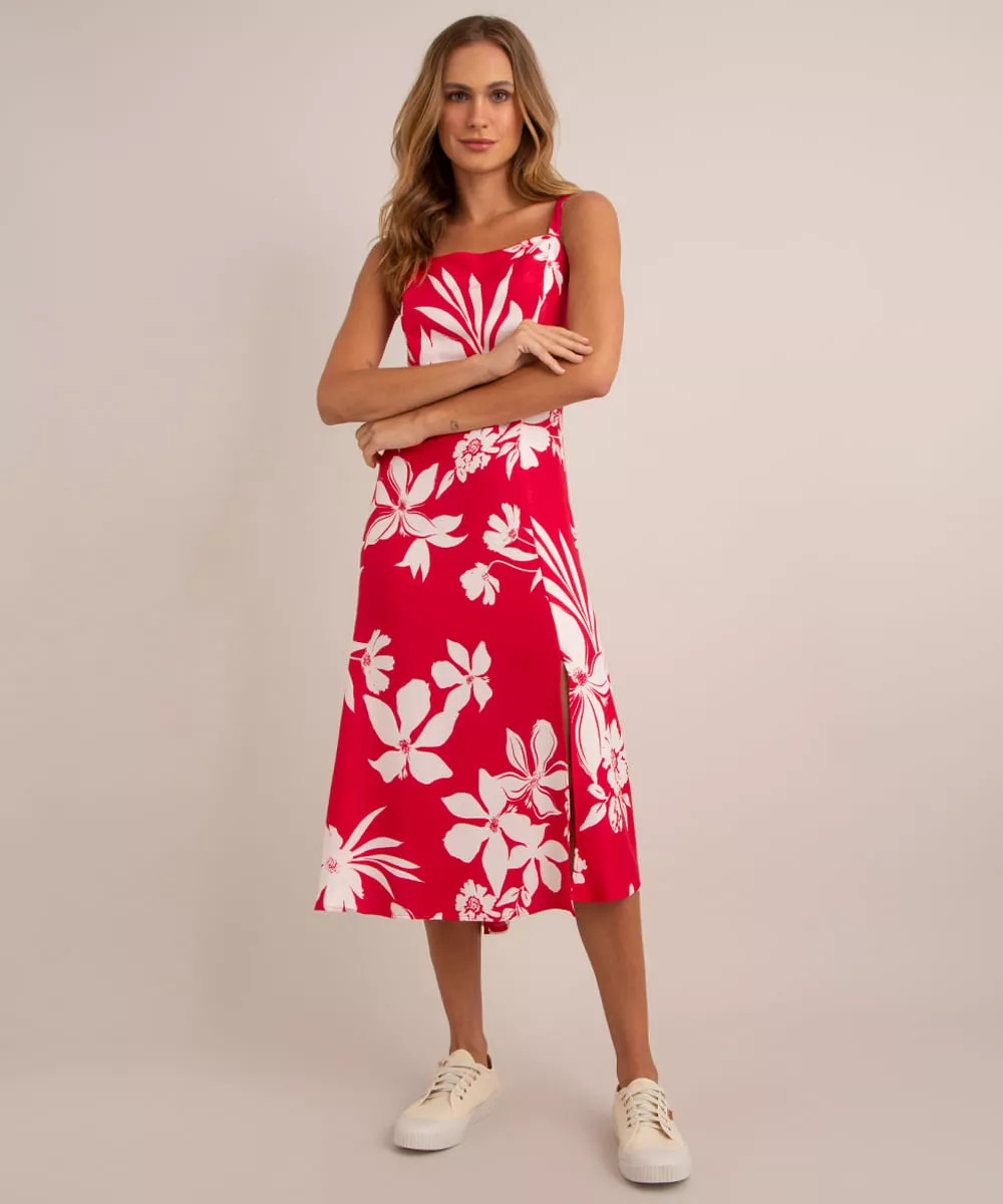 vestido midi de viscose estampado floral com lastex alça média  vermelho