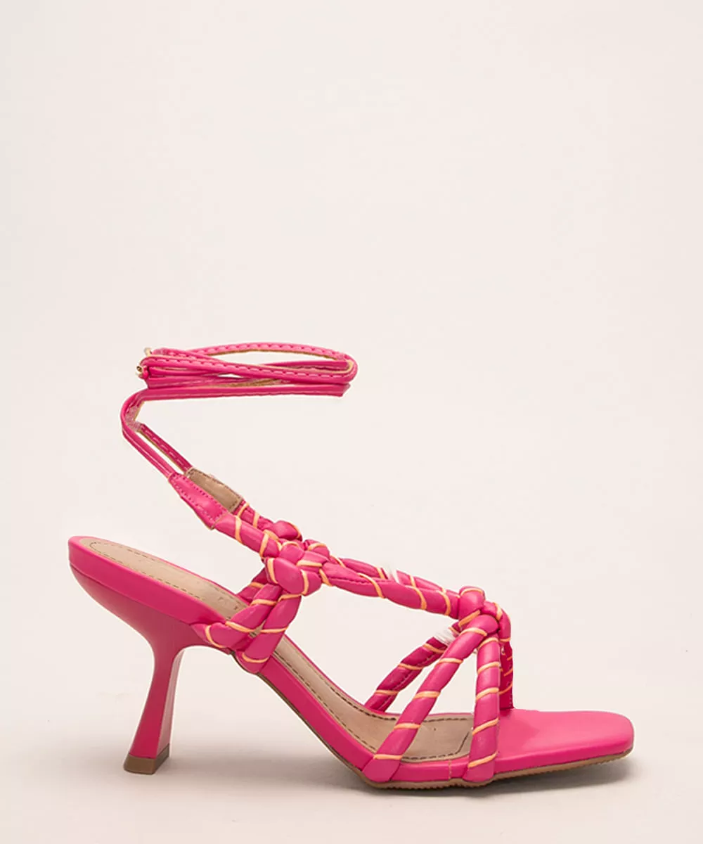 sandália bico quadrado com amarração salto médio fino oneself pink