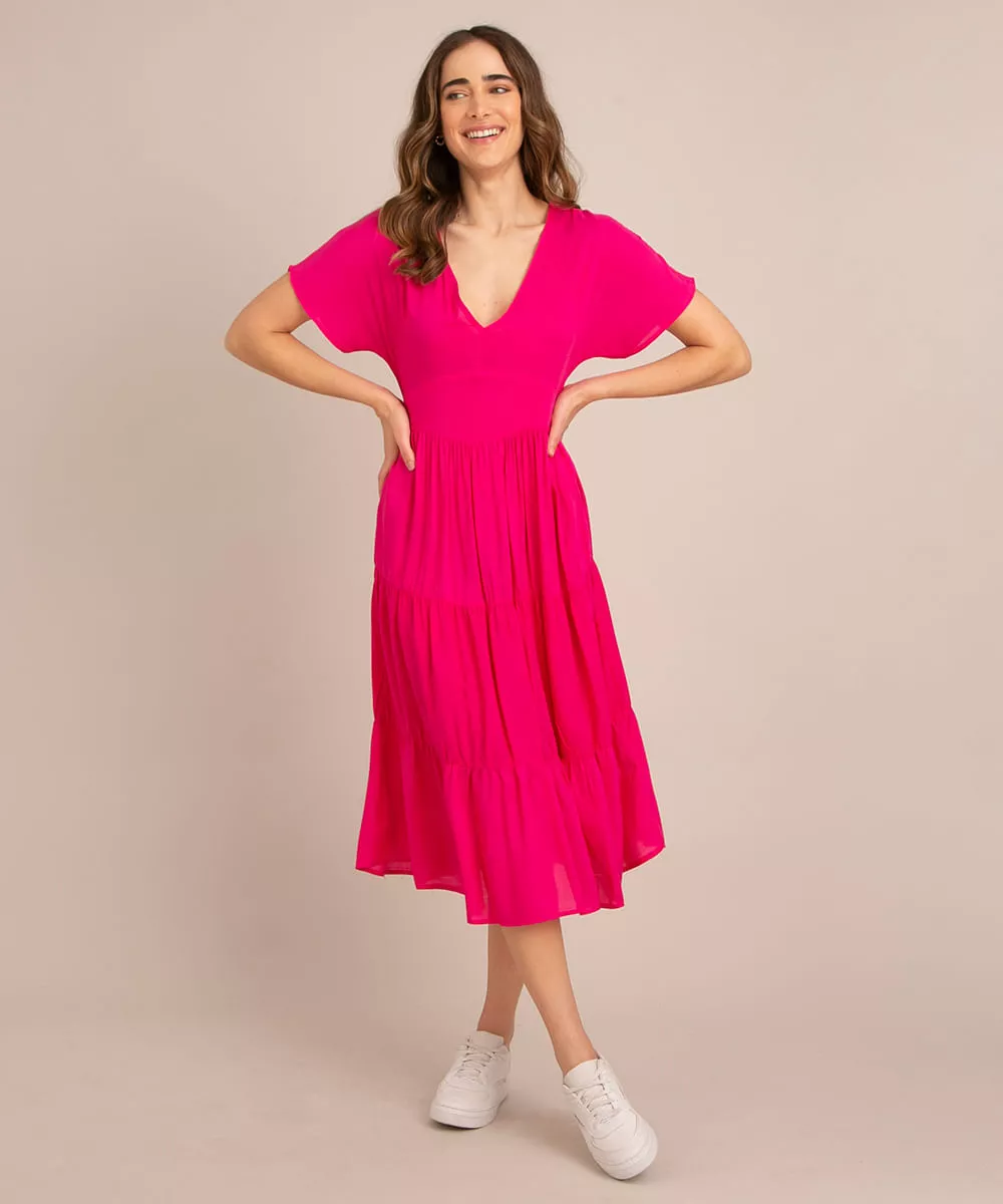 vestido midi de viscose com recorte manga curta  pink
