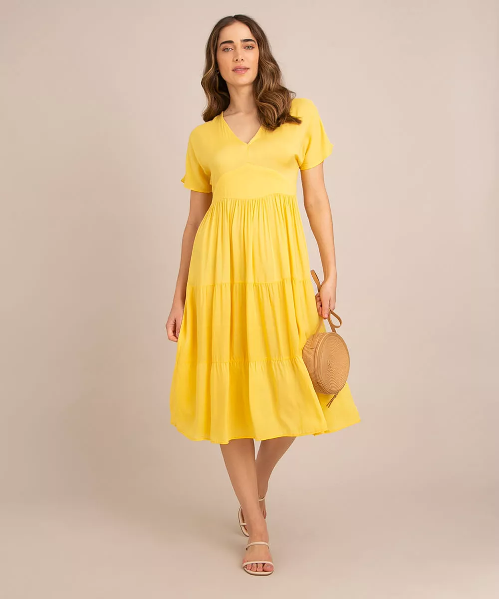 vestido midi de viscose com recorte manga curta  amarelo