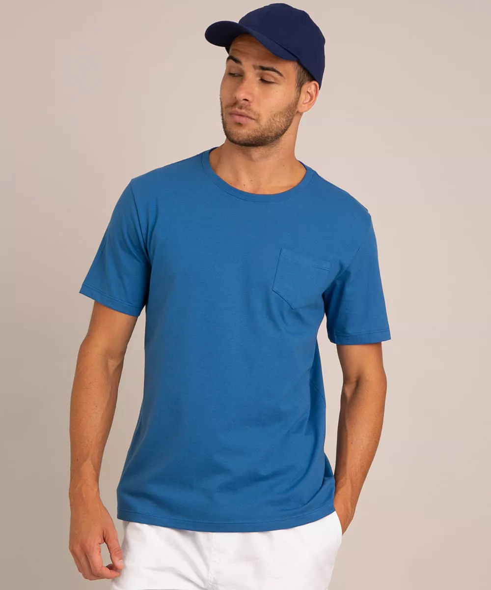 camiseta básica de algodão manga curta gola careca com bolso azul royal