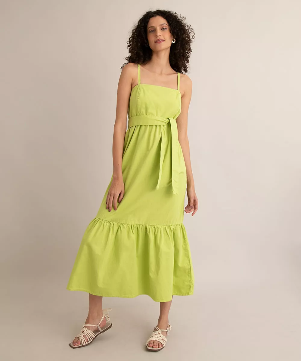 vestido midi de sarja alça fina decote reto com amarração verde