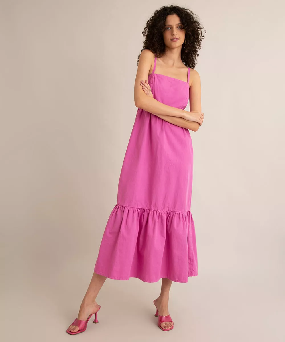 vestido midi de sarja alça fina decote reto com amarração pink