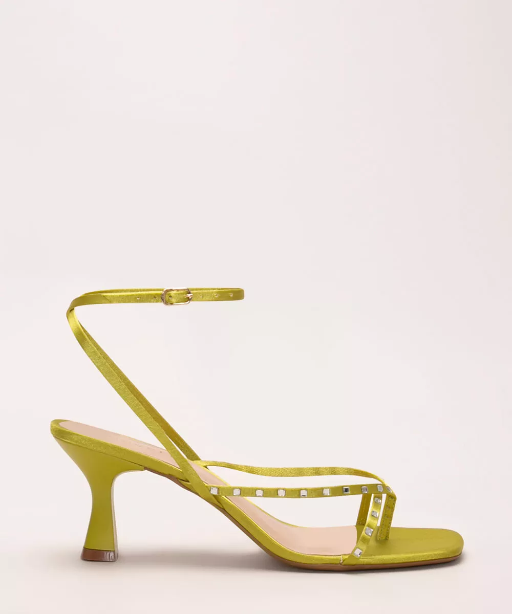 sandália bico quadrado salto médio com strass oneself verde