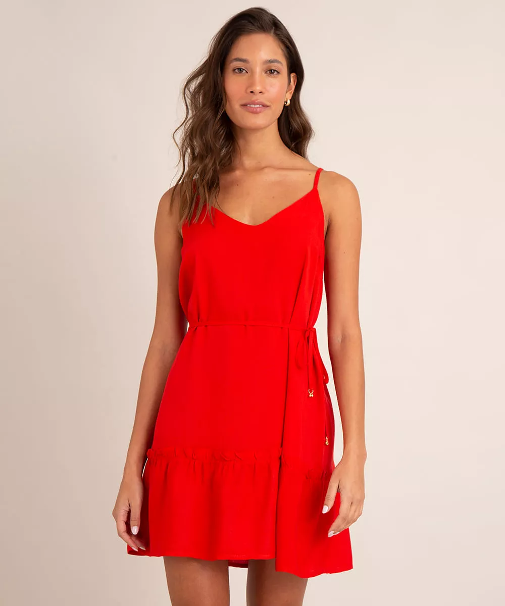 vestido curto de viscose alça fina decote v com amarração vermelho