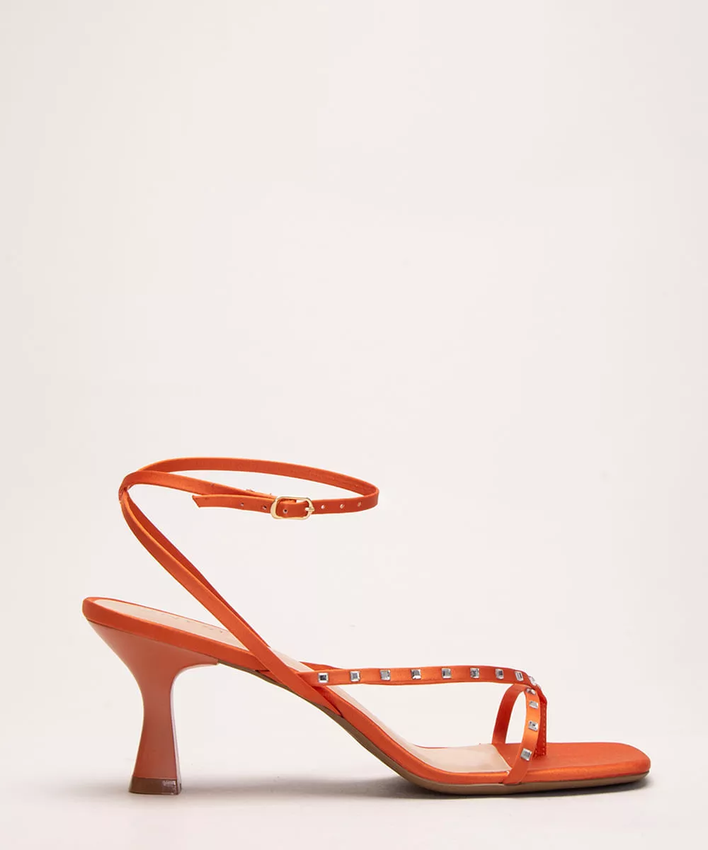 sandália bico quadrado salto médio com strass oneself laranja