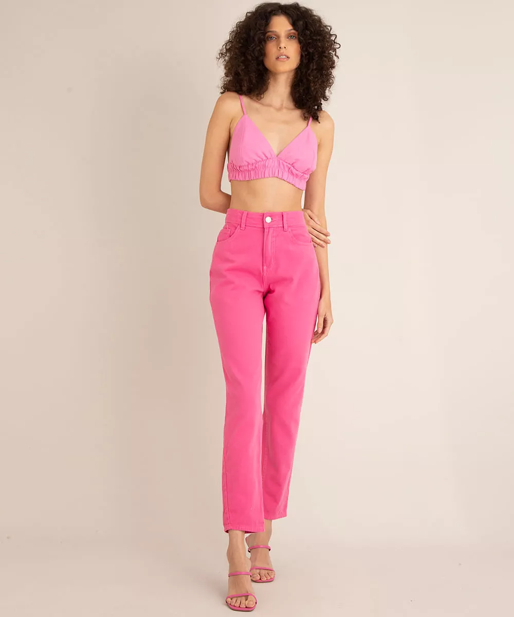 calça de sarja mom cintura super alta rosa