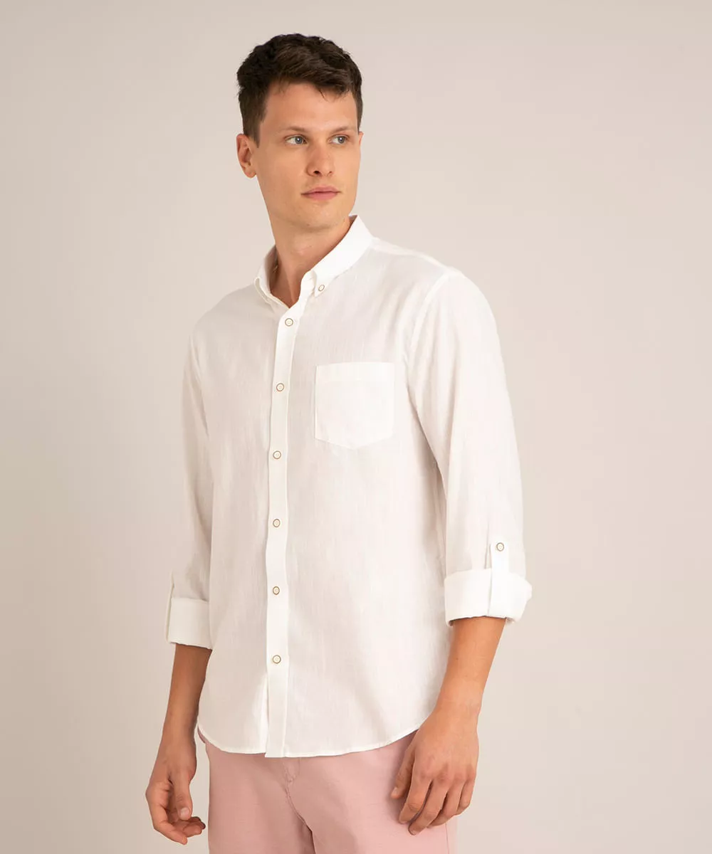 camisa básica manga longa com bolso linho e martingale branca