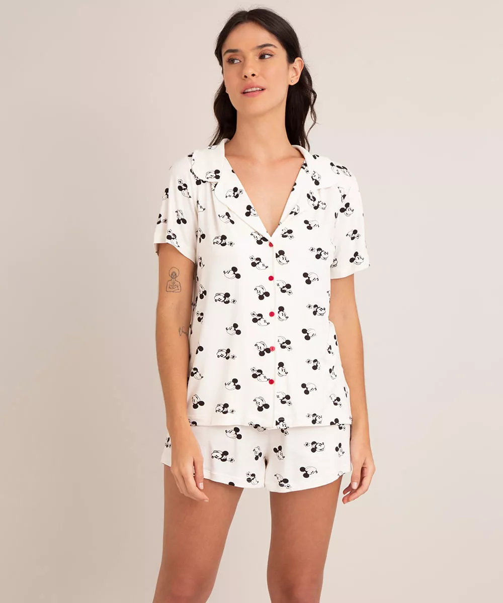 pijama camisa manga curta estampado mickey off white