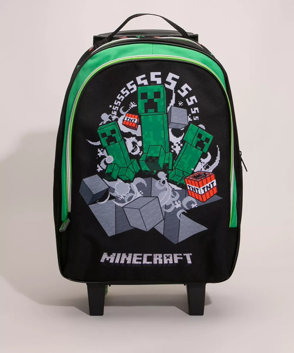 mochila escolar infantil com rodinhas minecraft preto