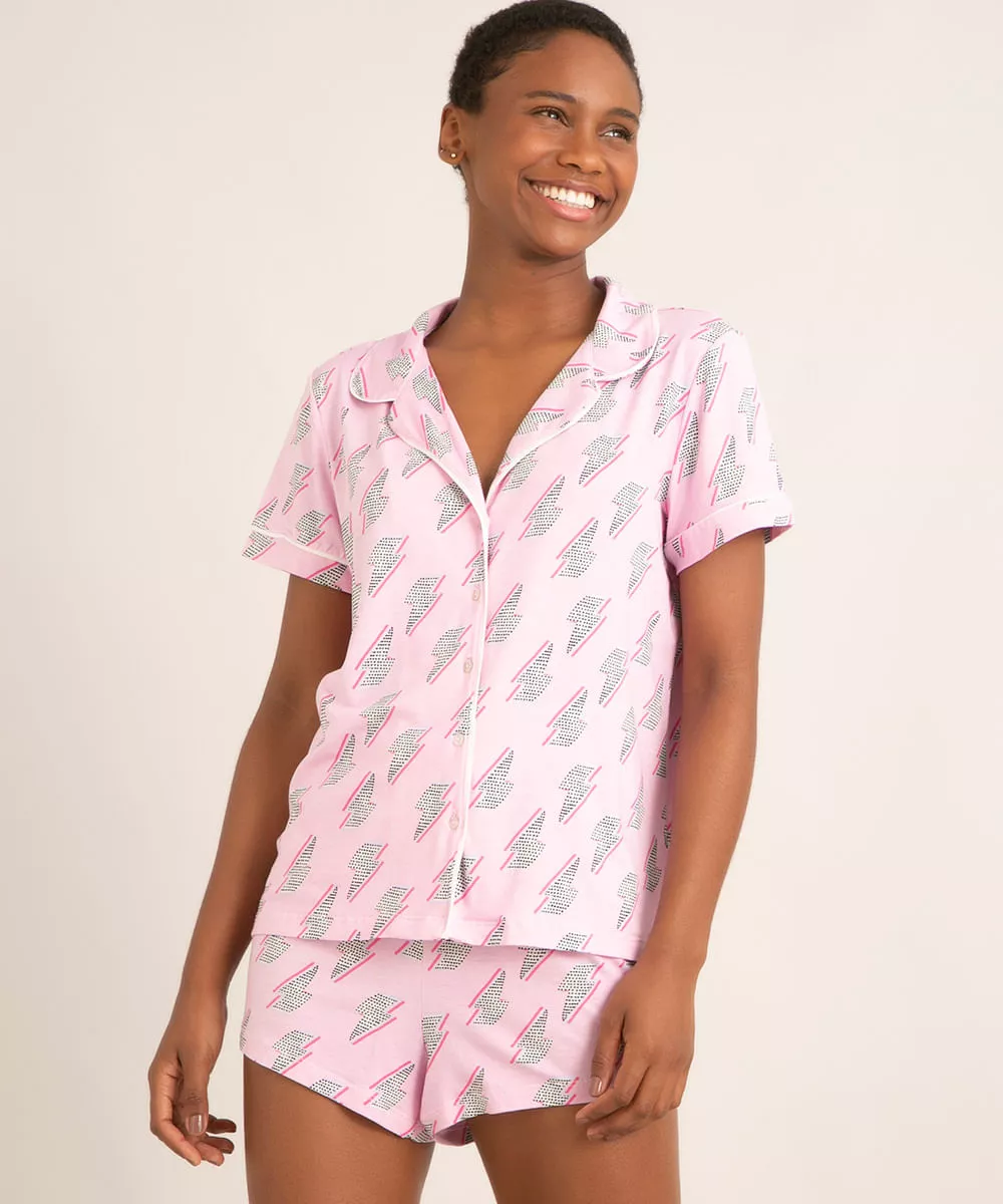 pijama americano manga curta estampado raios rosa