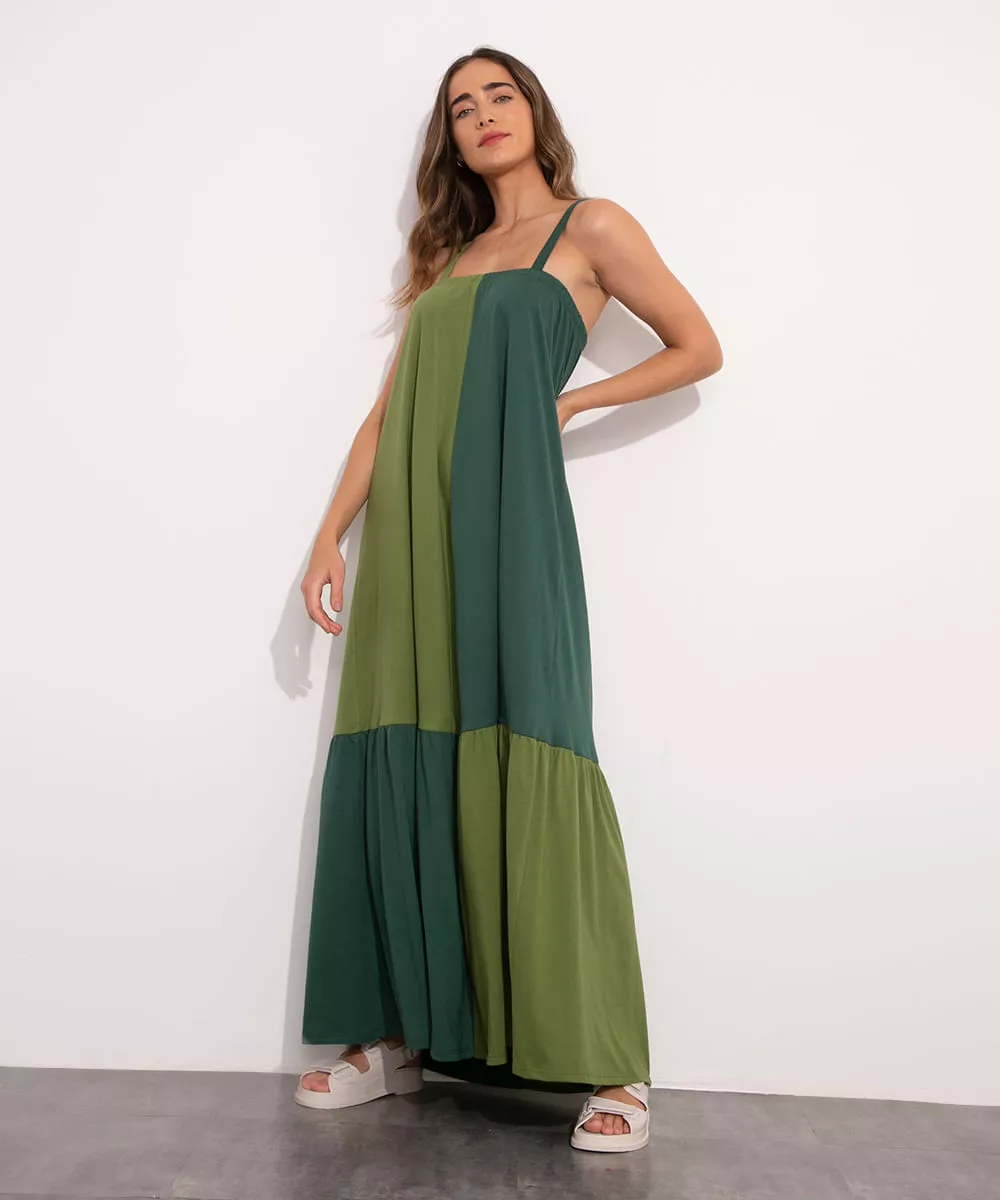 vestido de algodão amplo com recortes longo alça média mindset verde