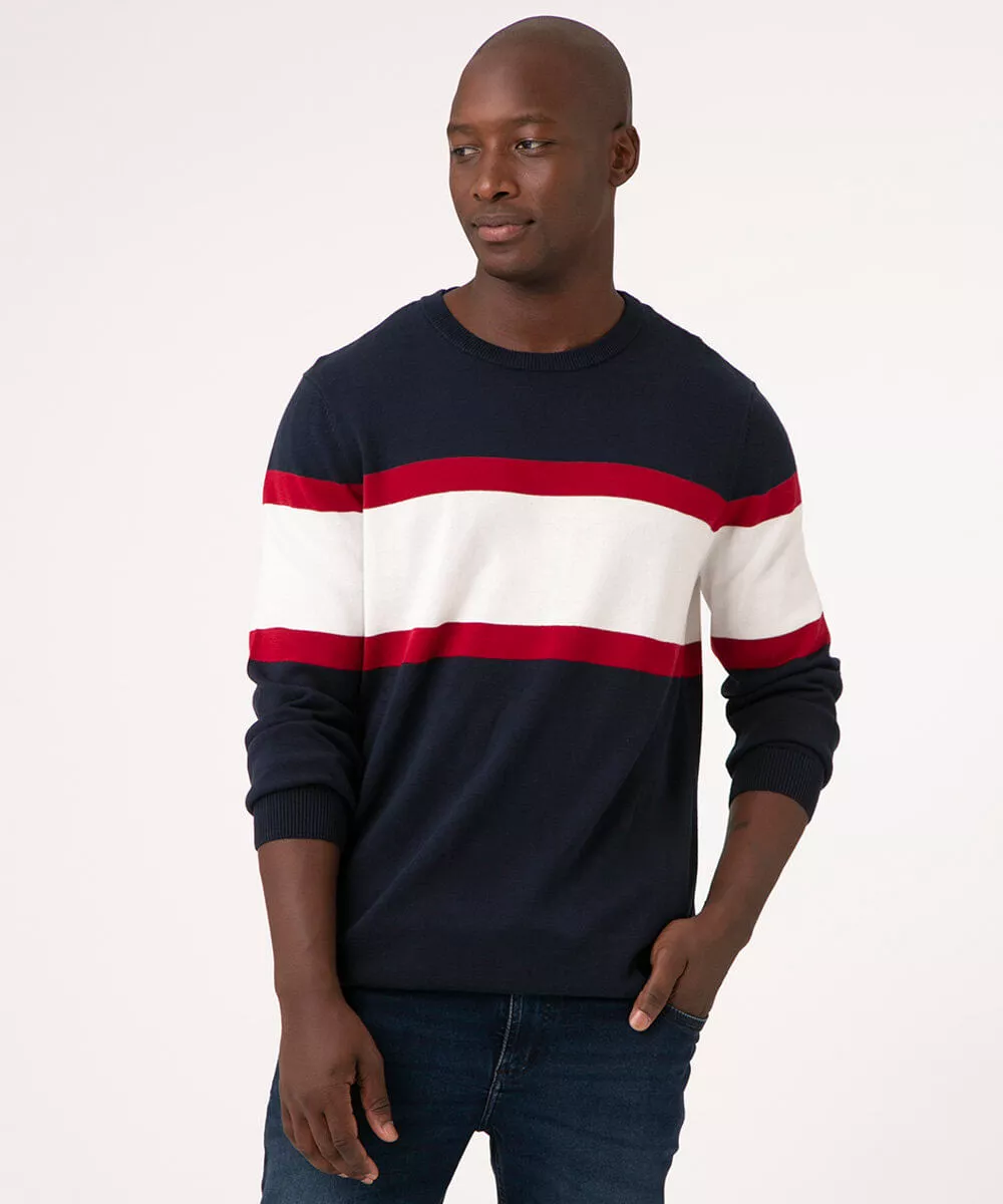 suéter de tricô com listras azul marinho