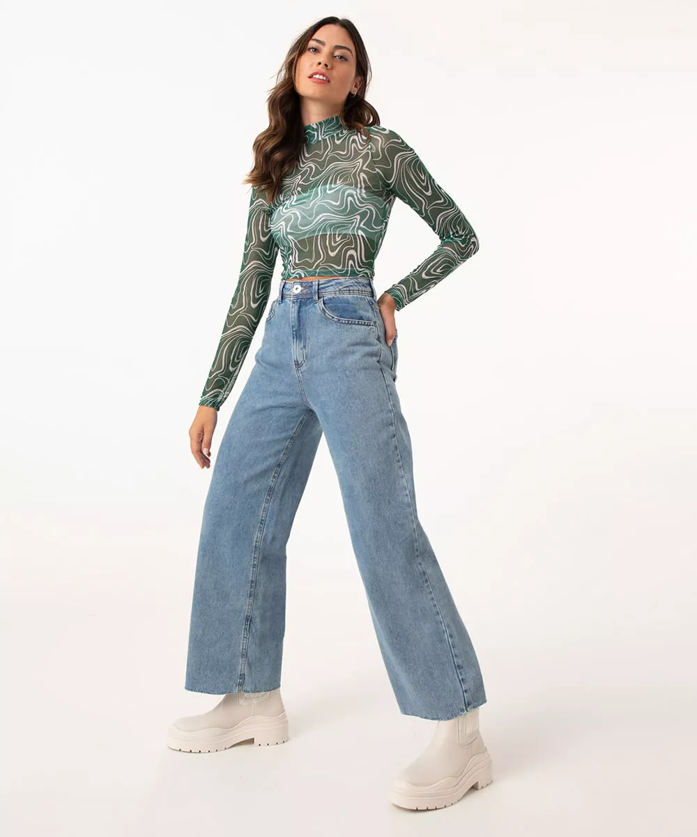calça wide leg cropped jeans azul médio