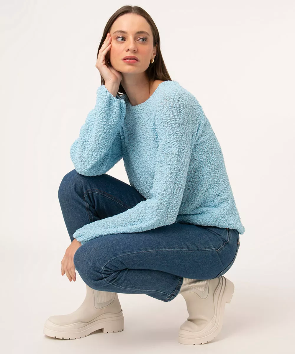 suéter básico texturizado decote redondo azul