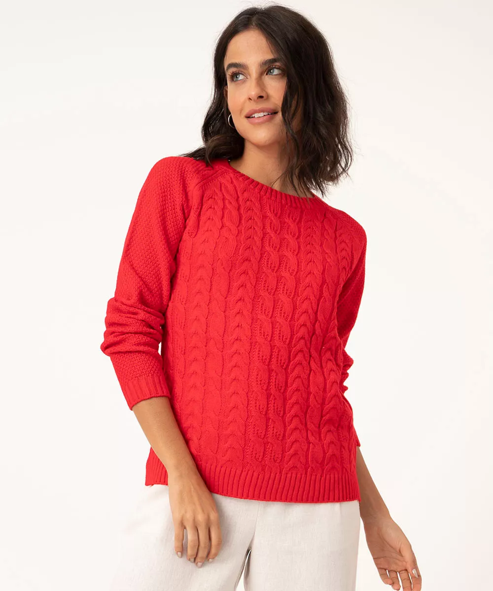 suéter de tricô básico trançado vermelho