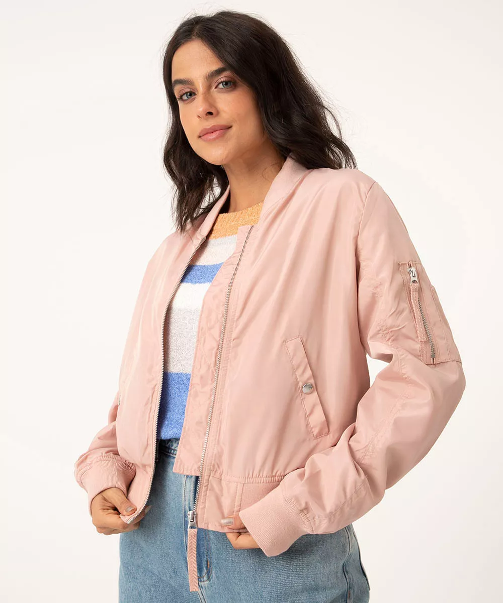 jaqueta bomber de nylon bolso rosa