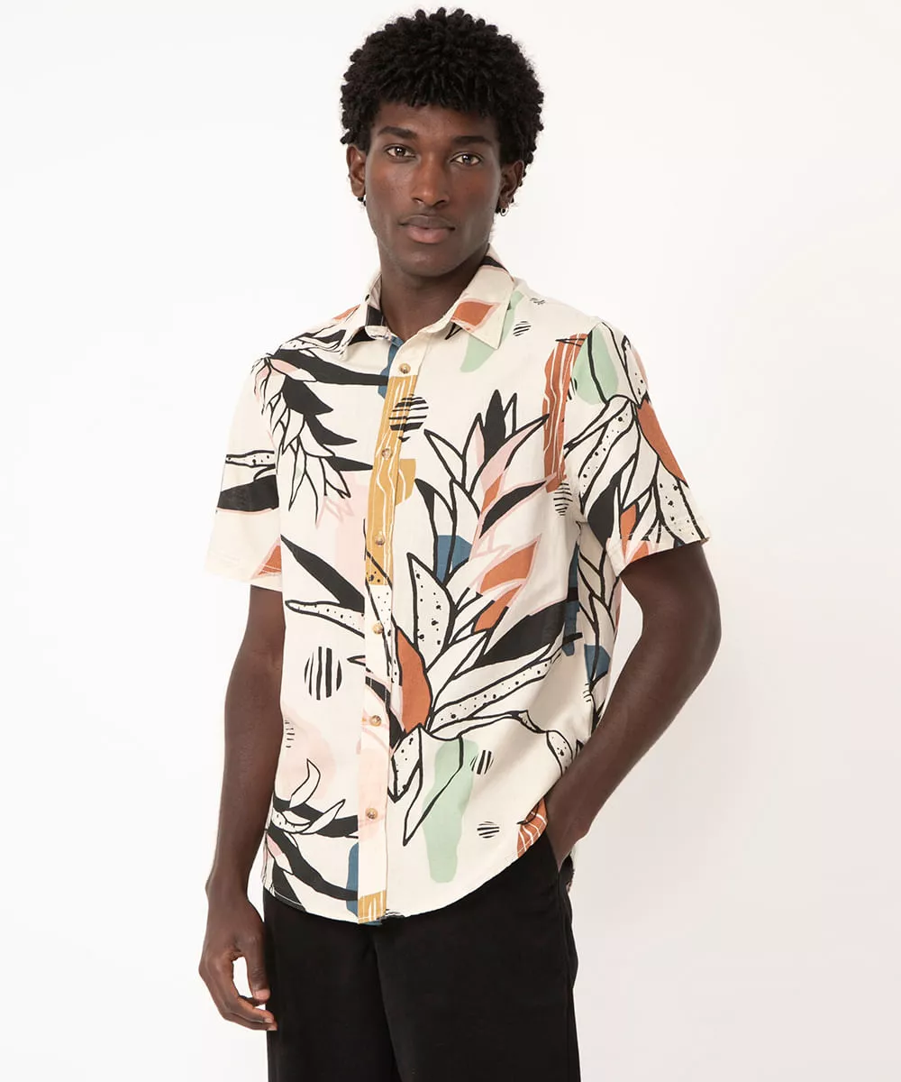 camisa tradicional de linho manga curta folhagem multicor
