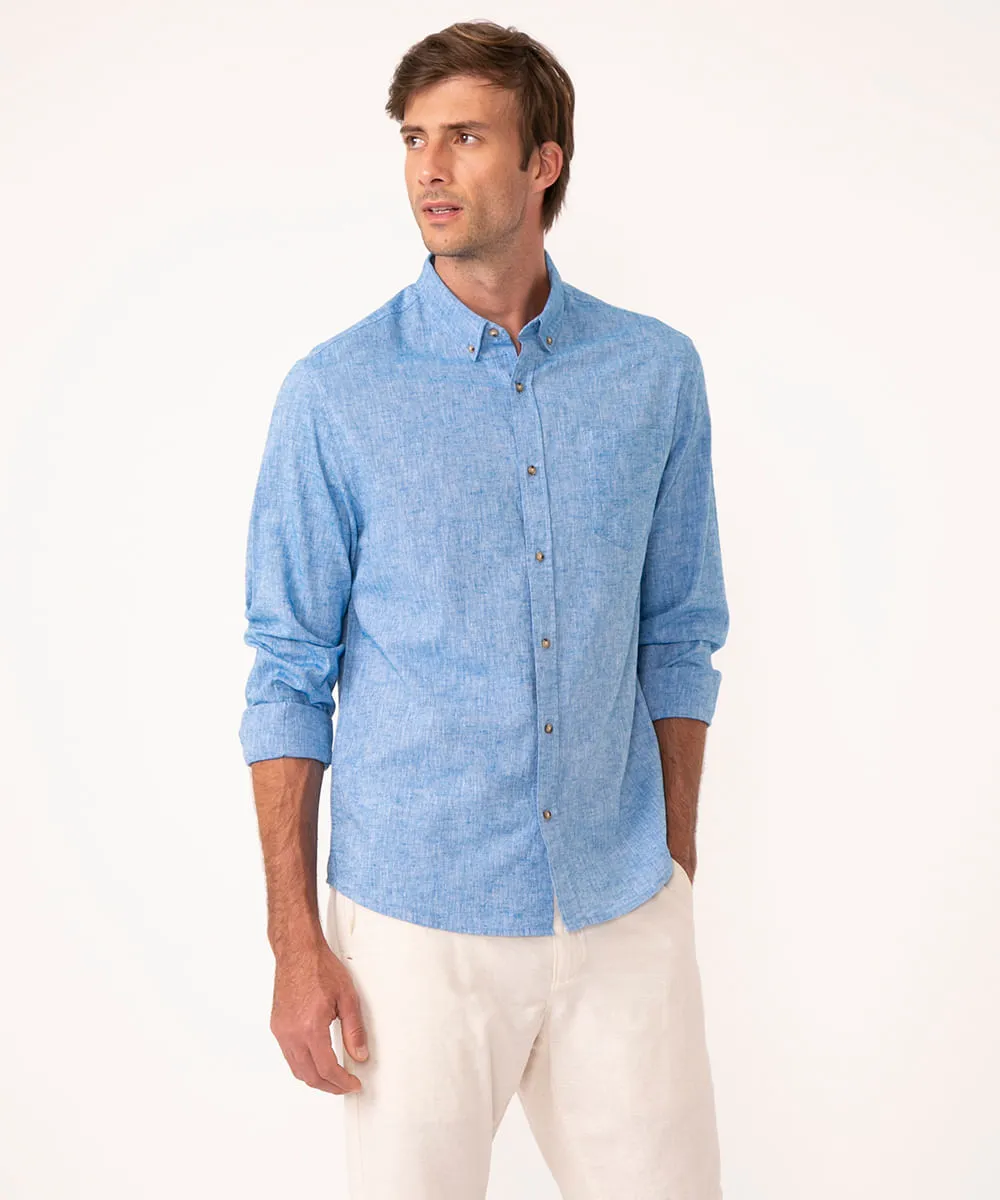 camisa comfort de linho manga longa azul médio