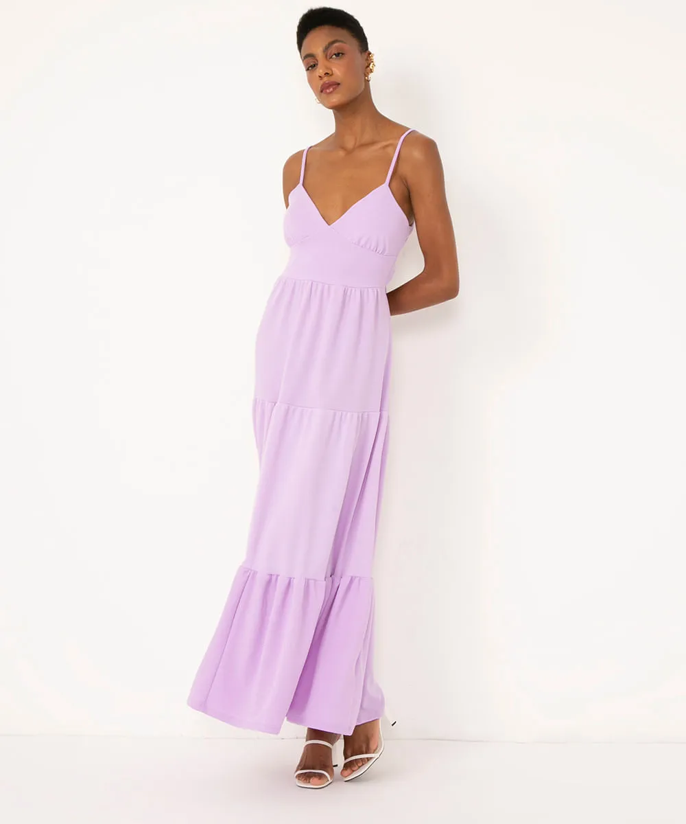 vestido longo decote v amarração lilás