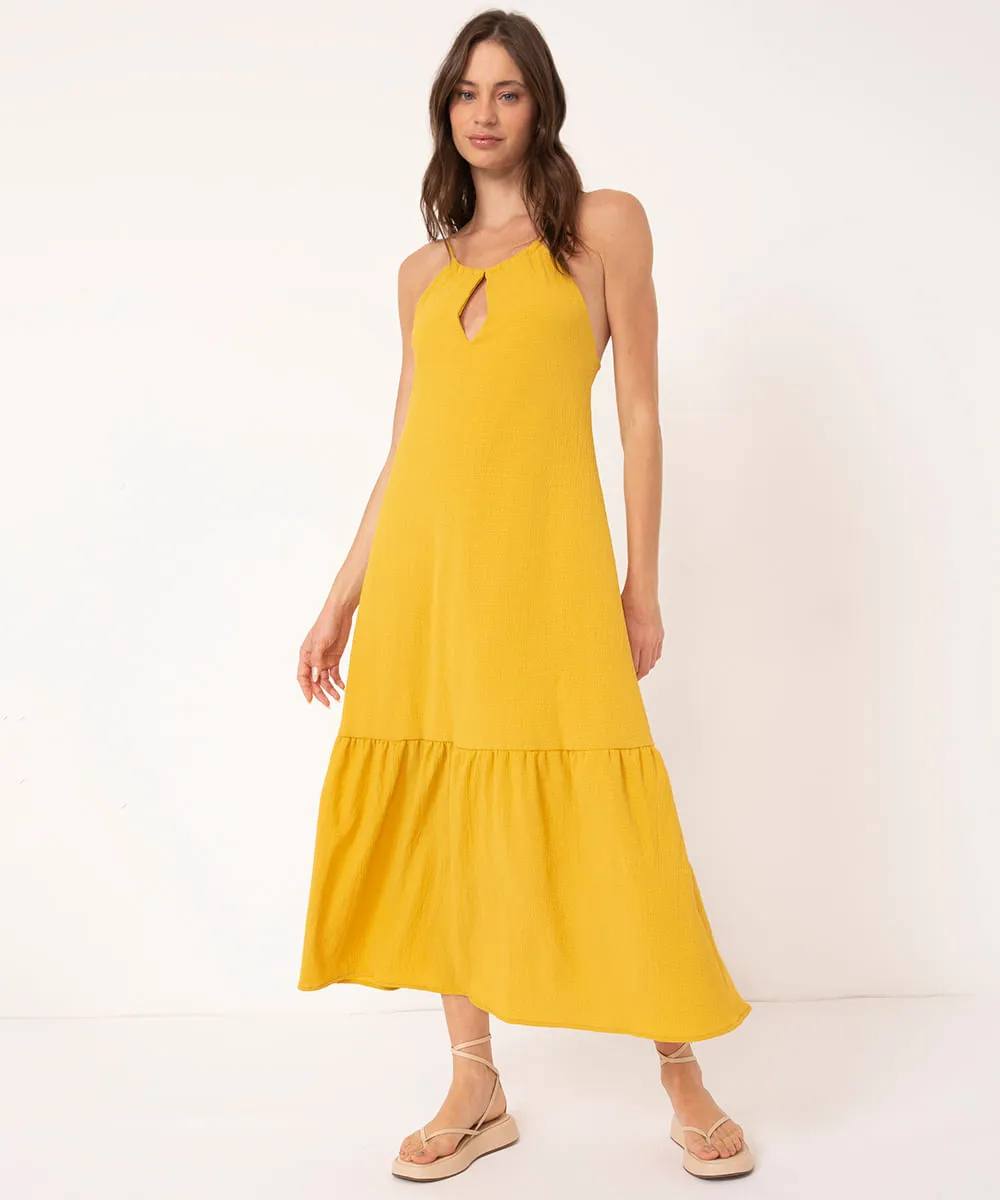 vestido longo texturizado frente única amarelo médio