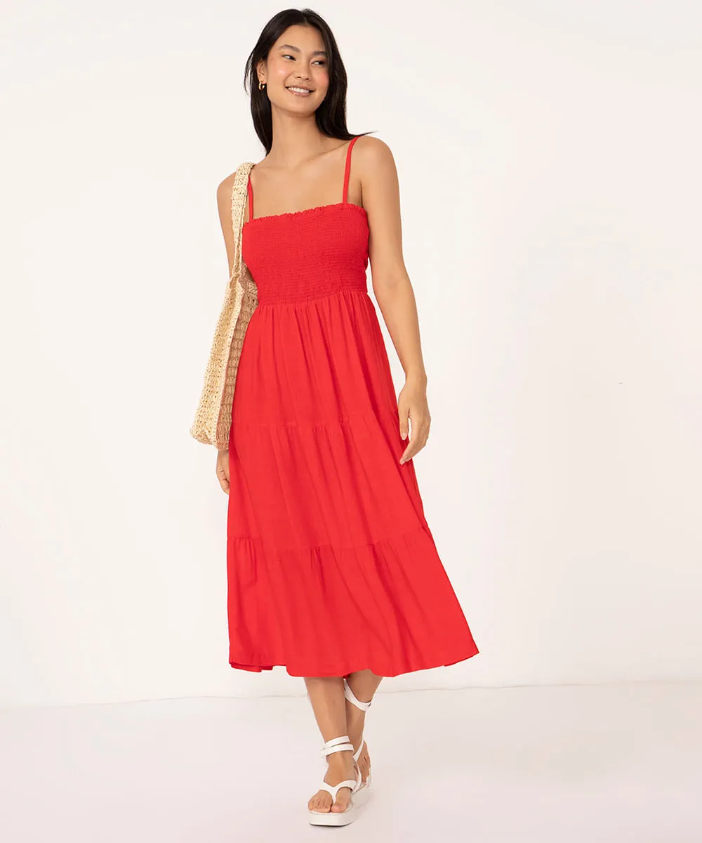 vestido midi de viscose decote reto vermelho