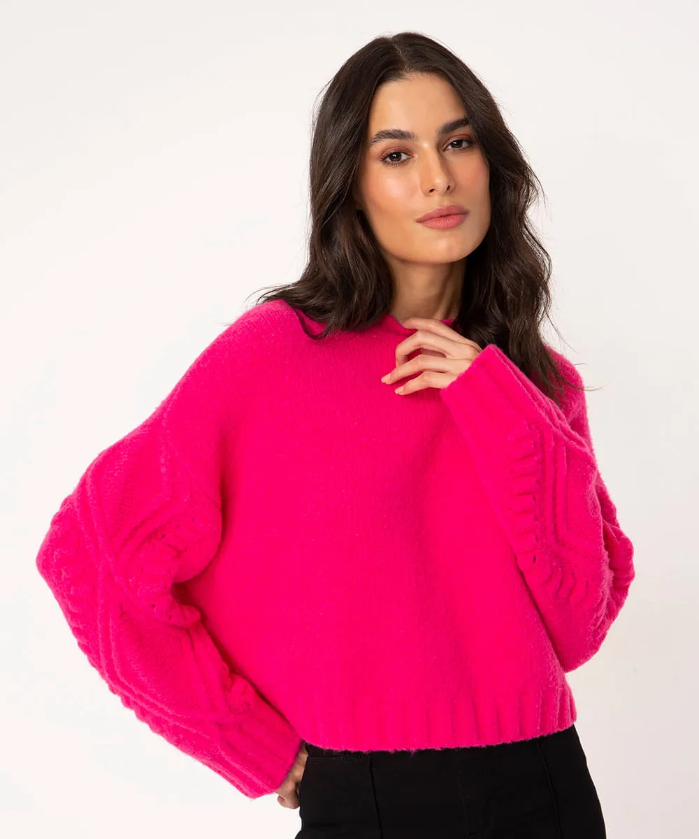 suéter de tricô decote arredondado manga texturizada pink