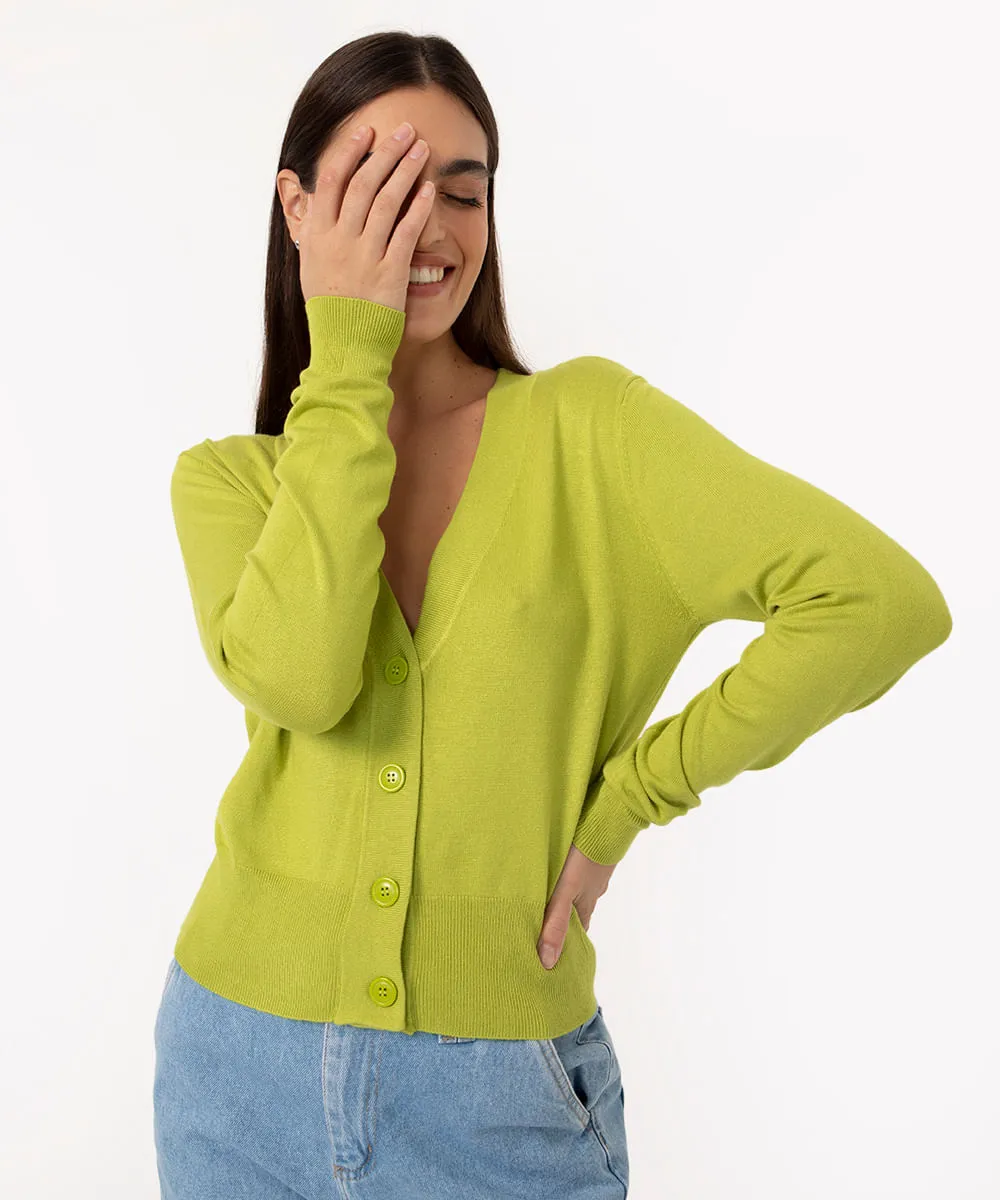 cardigan cropped de tricot básico botões verde claro
