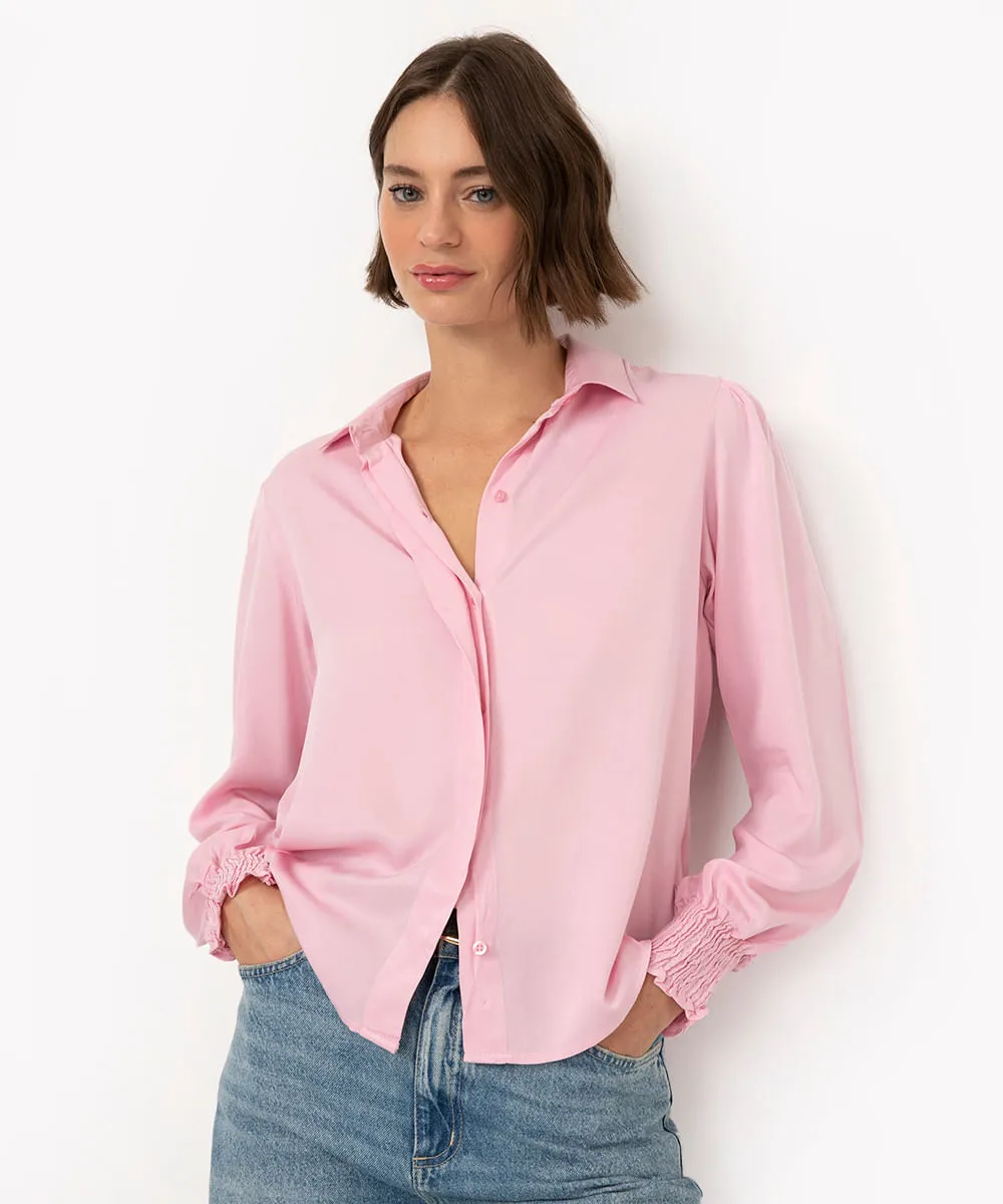 camisa de viscose manga longa bufante rosa claro