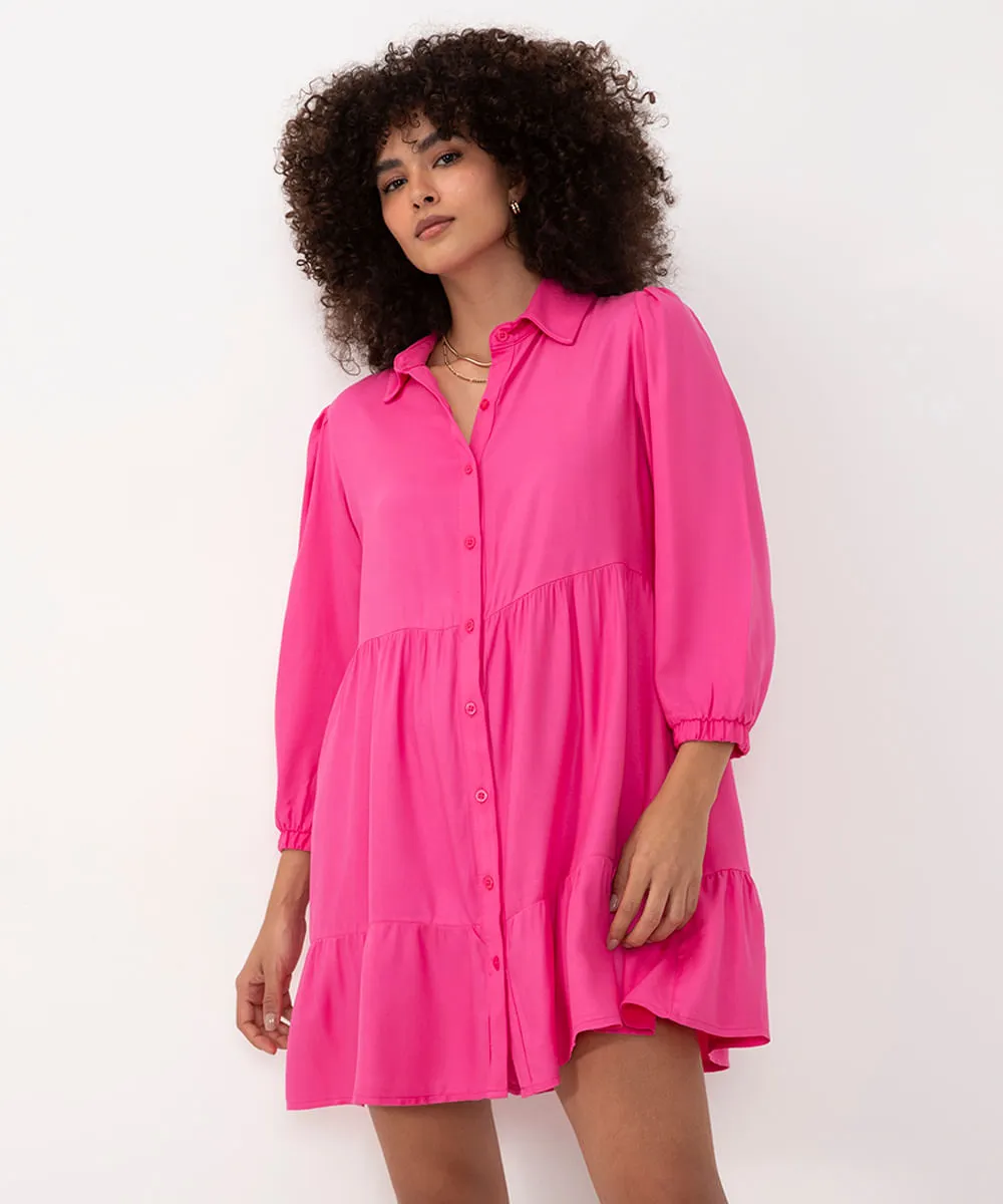 vestido chemise curto de viscose com recortes manga longa pink